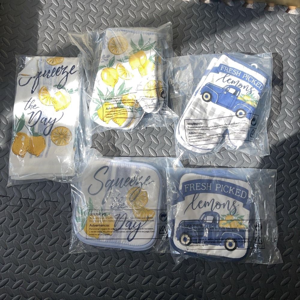 New 10 Pc Farmhouse Cottagecore Lemons Truck Decor Mitts Dish Towel Pot Holders